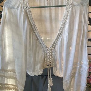 Free People White Lace Trim Blouse